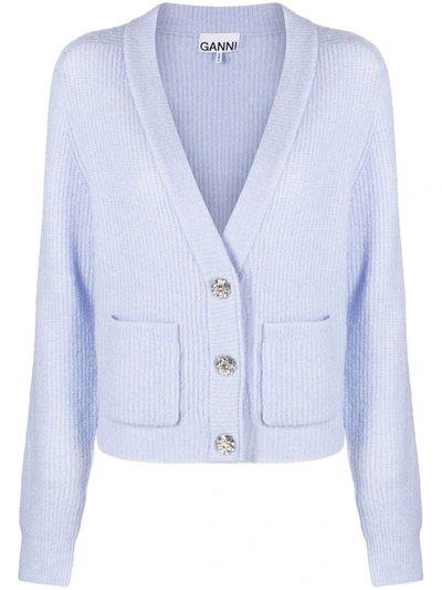 Shop Ganni Wool Blend V-necked Cardigan In Clear Blue