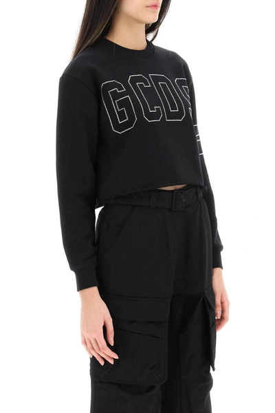 Shop Gcds Cropped Sweatshirt With Rhinestone Logo In Black