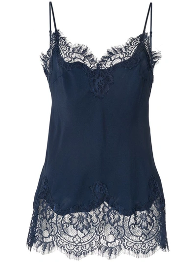 Shop Gold Hawk Lace Inserts Slevveless Silk Top In Blue