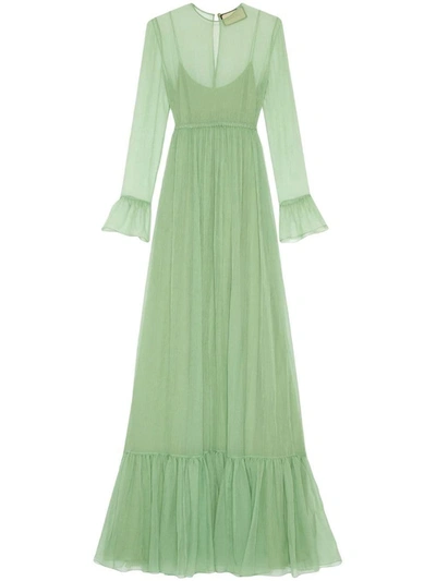 Shop Gucci Chiffon Long Dress In Green