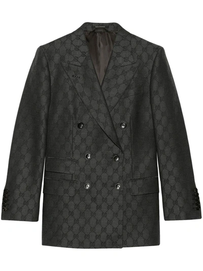 Shop Gucci Gg Wool Double-breasted Blazer Jacket In Grey