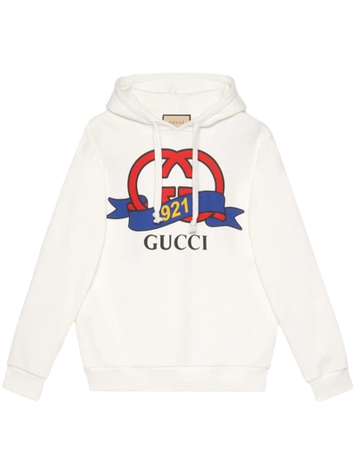 Shop Gucci Logo Print Cotton Hoodie In White