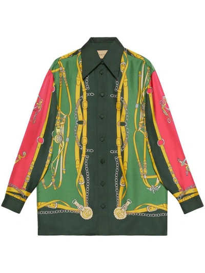 Shop Gucci Printed Silk Shirt In Green