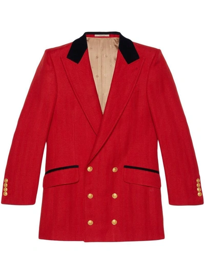 Shop Gucci Wool And Linen Blend Blazer Jacket In Red