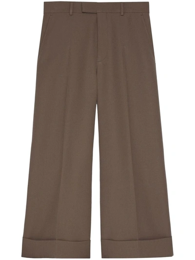 Shop Gucci Wool Wide Leg Trousers In Brown