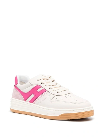 Shop Hogan Flat Shoes In <p>logo-patch Leather Sneakers From  Featuring White, Pink, Calf Leather, Logo Patch To The Sid