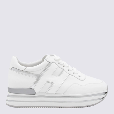 Shop Hogan Silver-tone Leather Sneakers In <p>silver-tone Leather Sneakers From  Featuring White, Panelled Design, Logo Patch To The Side,