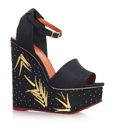 Charlotte Olympia Sequined Linen Platform Wedge Sandals In Black-gold