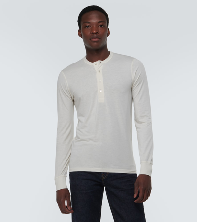 Shop Tom Ford Cotton-blend Jersey Henley Shirt In Neutrals