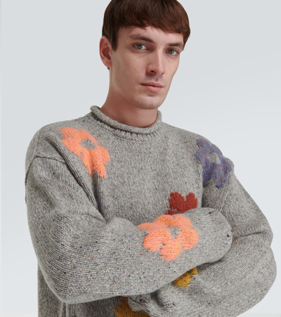 Shop Acne Studios Floral Wool-blend Sweater In Grey