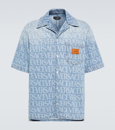 Shop Versace Logo Denim Shirt In Blue