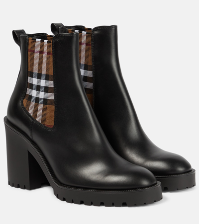Shop Burberry Check Leather Ankle Boots In Black