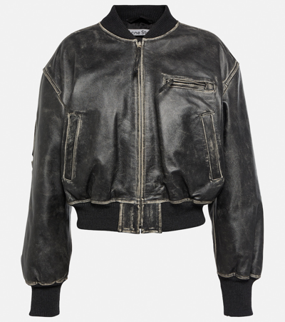 Shop Acne Studios Cropped Leather Bomber Jacket In Grey
