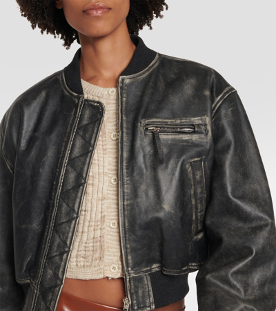 Shop Acne Studios Cropped Leather Bomber Jacket In Grey