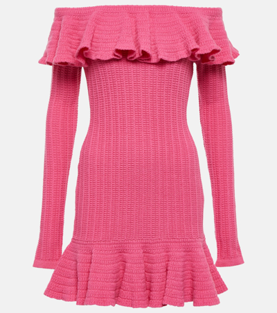 Shop Blumarine Off-shoulder Ruffled Wool Minidress In Pink