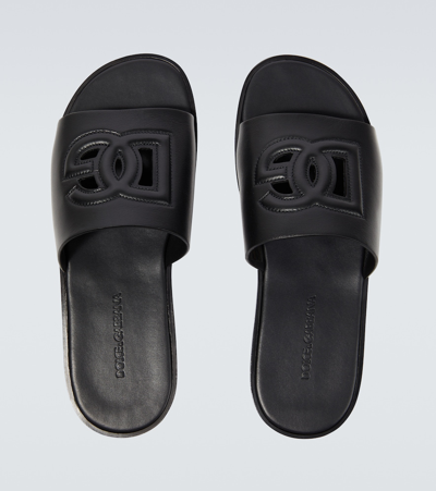 Shop Dolce & Gabbana Logo Leather Slides In Black