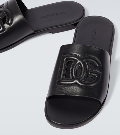 Shop Dolce & Gabbana Logo Leather Slides In Black