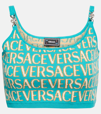 Shop Versace Allover Knit Crop Top In Blue