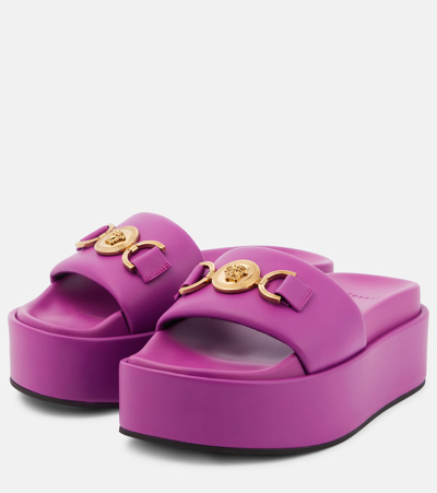 Shop Versace Medusa Biggie Leather Platform Slides In Pink