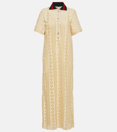 Shop Gucci Embroidered Cotton-blend Maxi Dress In Neutrals