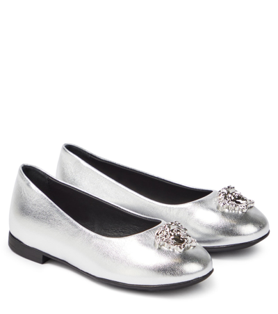Shop Versace La Medusa Metallic Leather Ballet Flats In Silver