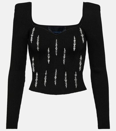 Shop Costarellos Lamarr Embellished Ribbed-knit Top In Black