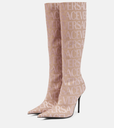 Versace Allover Canvas & Leather Knee-high Boot In Multicoloured
