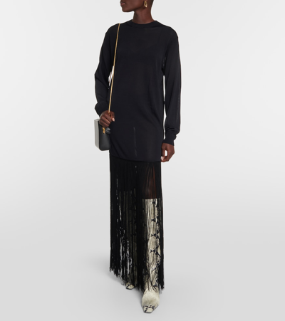 Khaite Paley Long-sleeve Fringe Backless Maxi Dress In Blue