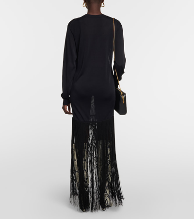 Khaite Paley Long-sleeve Fringe Backless Maxi Dress In Blue