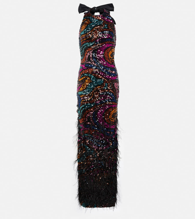 Shop Rebecca Vallance Kiki Feather-trimmed Sequined Gown In Multicoloured