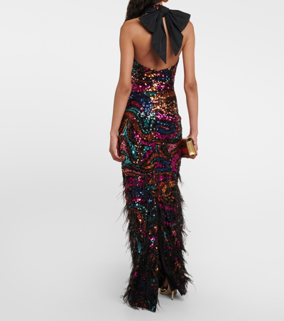 Shop Rebecca Vallance Kiki Feather-trimmed Sequined Gown In Multicoloured