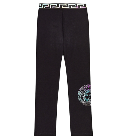 Versace Girl's Rainbow Greca Waistband Medusa Jersey Leggings In Black