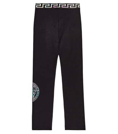 Versace Girl's Rainbow Greca Waistband Medusa Jersey Leggings In Black