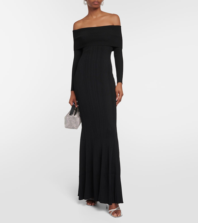 Shop Self-portrait Off-shoulder Ribbed-knit Maxi Dress In Black
