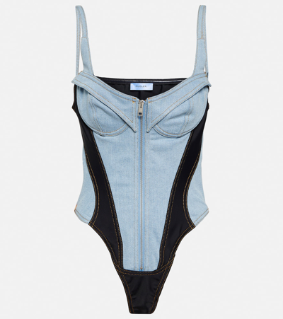 Shop Mugler Paneled Denim Bodysuit In Blue