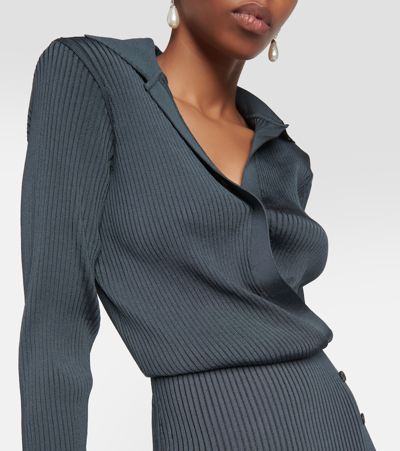 Shop Self-portrait Ribbed-knit Midi Dress In Grey