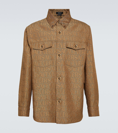 Shop Versace Allover Overshirt In Brown