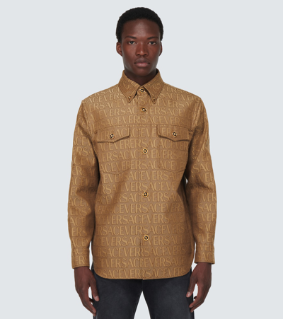 Shop Versace Allover Overshirt In Brown