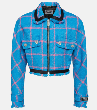 Shop Versace Tweed Cropped Jacket In Blue