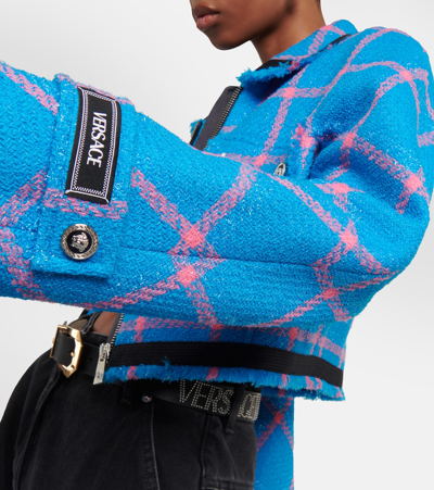Shop Versace Tweed Cropped Jacket In Blue