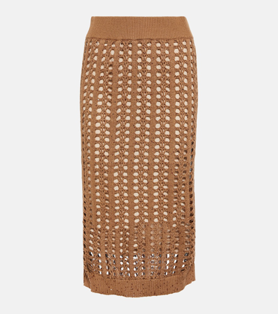 Shop Brunello Cucinelli Cotton, Linen, And Silk Midi Skirt In Brown