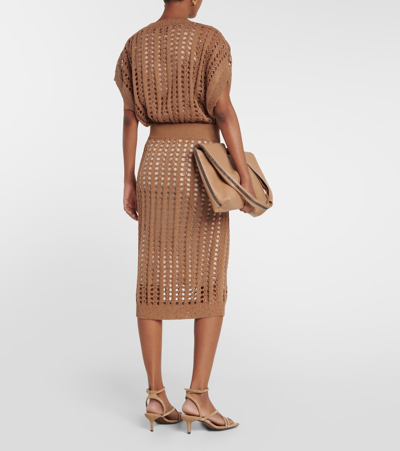 Shop Brunello Cucinelli Cotton, Linen, And Silk Midi Skirt In Brown