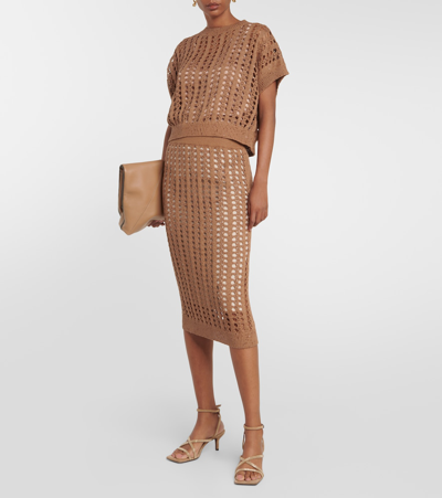 Shop Brunello Cucinelli Cotton, Linen, And Silk Midi Skirt In Brown