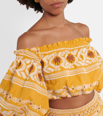 Johanna Ortiz Canaveral Off-the-shoulder Cropped Embroidered Cotton Top In Yellow