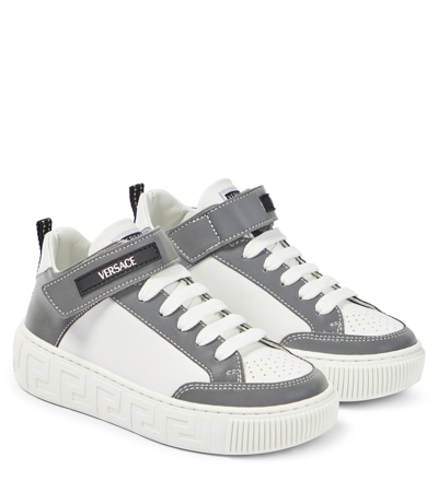 Shop Versace Logo Leather High-top Sneakers In Multicoloured