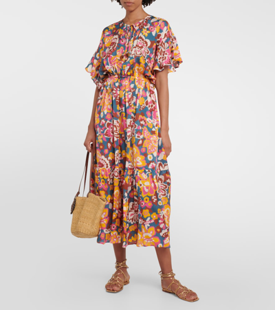 Shop Eres Piment Floral Silk And Cotton Midi Dress In Multicoloured