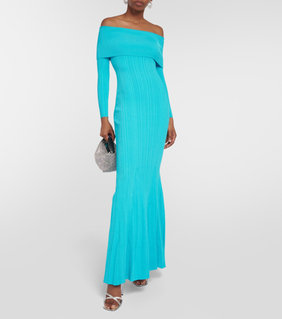Shop Self-portrait Off-shoulder Ribbed-knit Maxi Dress In Blue