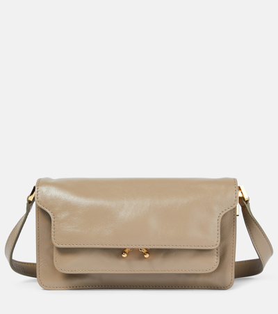 Shop Marni Trunk Soft E/w Leather Shoulder Bag In Brown