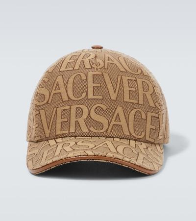 Shop Versace Logo Cotton Canvas Baseball Cap In Beige