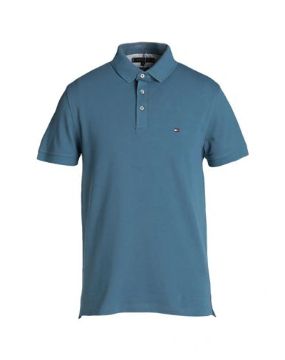 Shop Tommy Hilfiger Man Polo Shirt Slate Blue Size L Cotton, Elastane